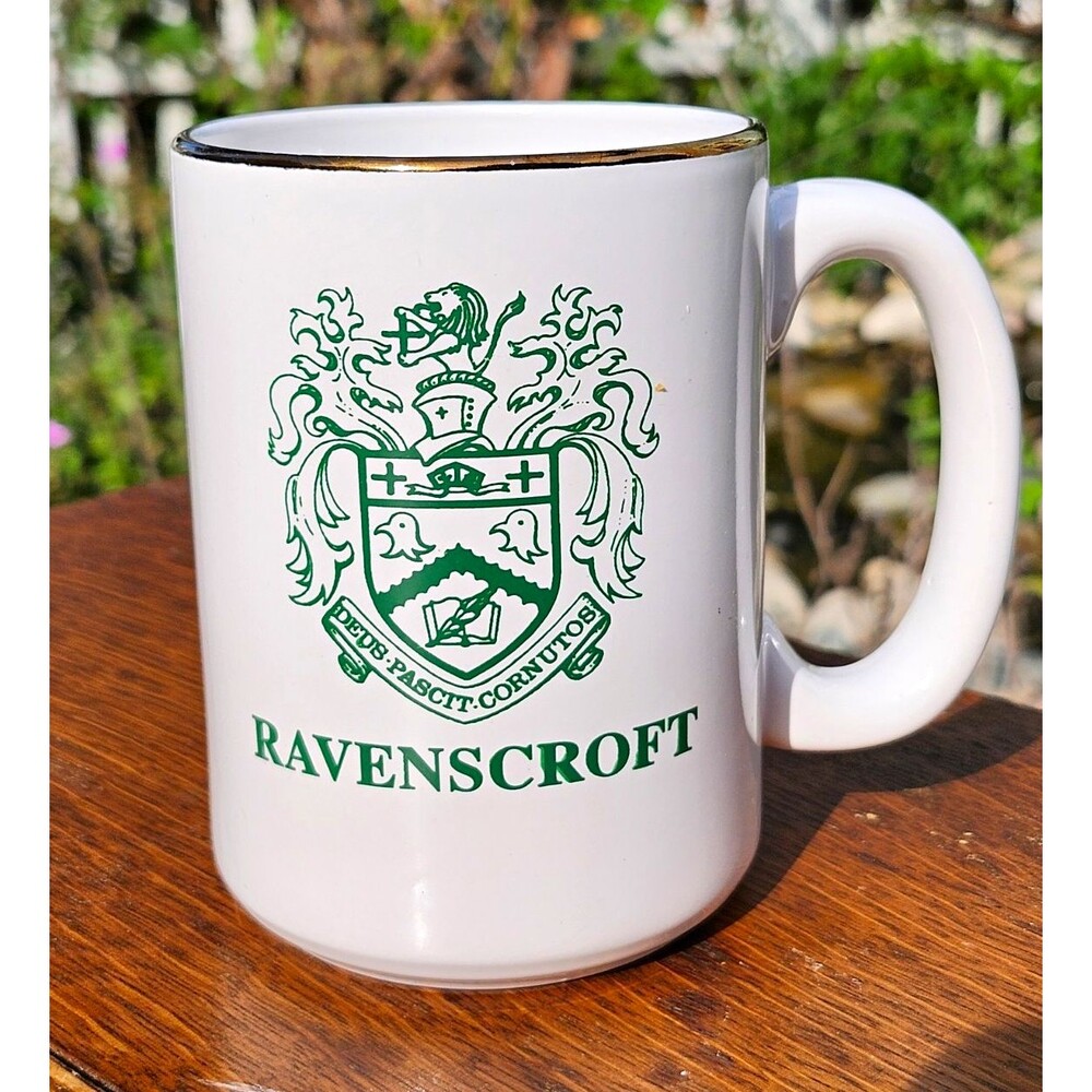 Ravenscroft School Raleigh NC Coffee Mug Vintage Green Crest Logo Gold Gilt Rim